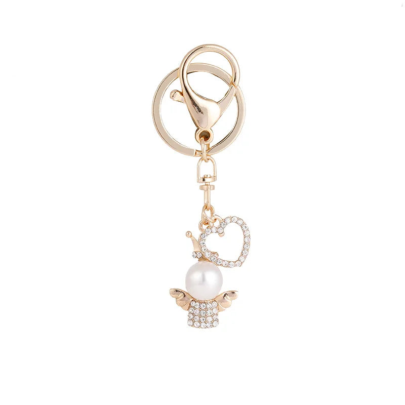Elegant Metal Diamond Angel Shaped Keyring Bling Rhinestone Crystal Pearl Heart Angel Keychain for Women