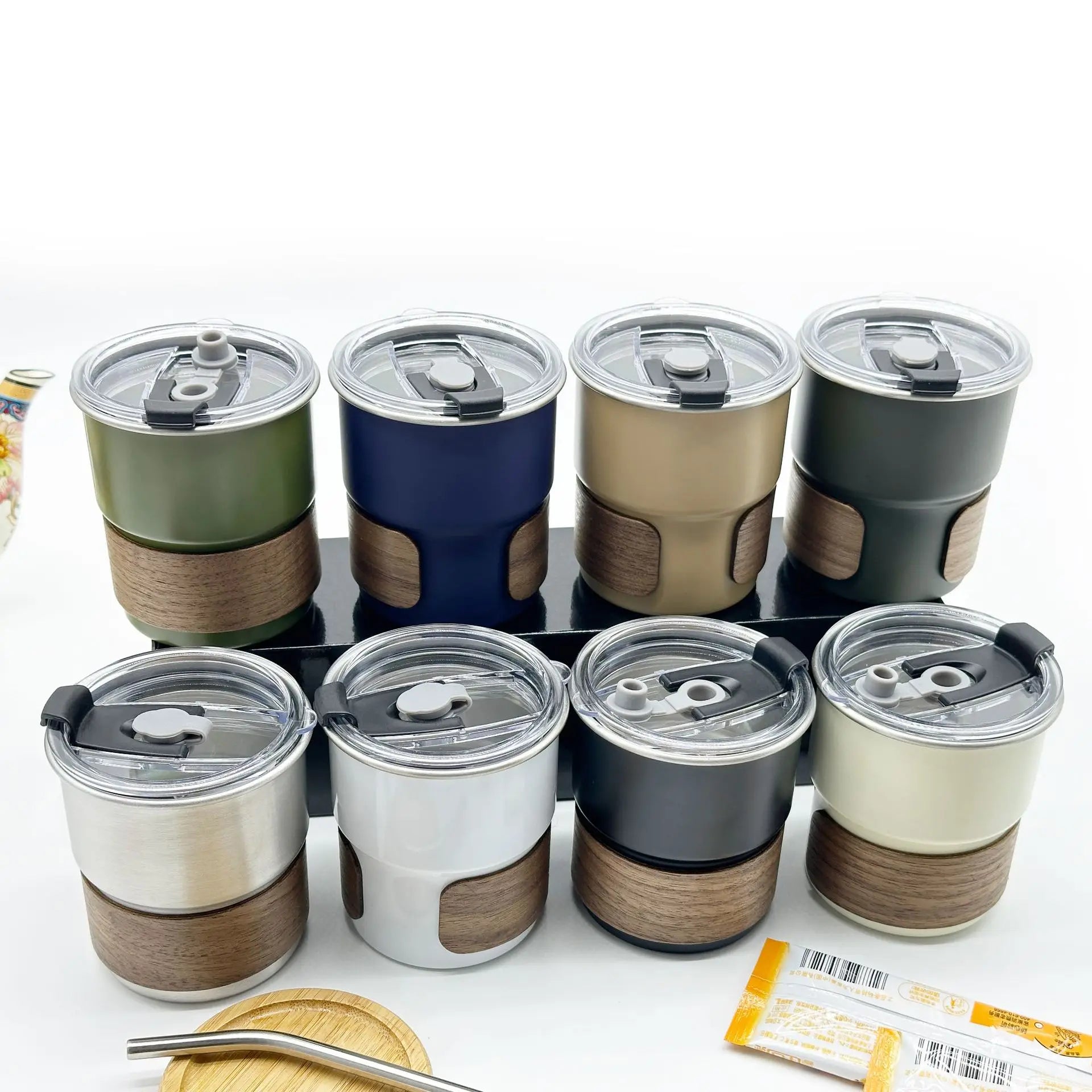 Custom Stackable Stainless Steel Mini Pint Cups Wooden Sleeve Outdoor Camping Mugs Portable Travel Drinking Coffee Tumbler Beer