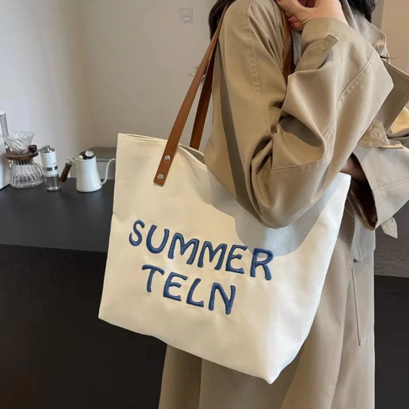 Large Capacity Casual Women Canvas Shoulder Bags College Girls Female Summer Tote Letter Embroidery Ladies Travel Handbags