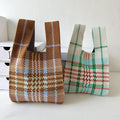 New Fashion Handbag Ladies Travel Plaid Retro Shopping Bag Knitted Tote Bag for Women
