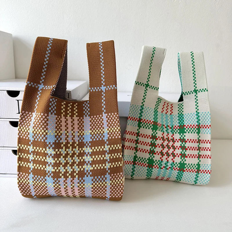 New Fashion Handbag Ladies Travel Plaid Retro Shopping Bag Knitted Tote Bag for Women