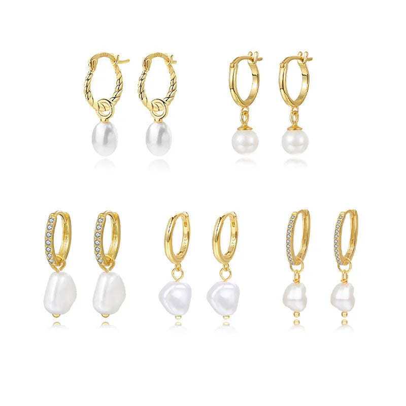 Real Pearl Huggies Hoop Earrings 18K Gold Plated 925 Sterling Silver Freshwater Pearl Drop Earrings