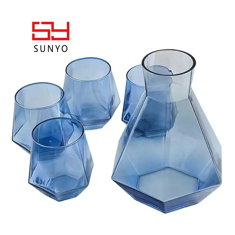 Set of 5 Diamond Shape Electroplated Smoke Grey & Blue & Colored Glass Cold Water Jar With Glass Cup Set