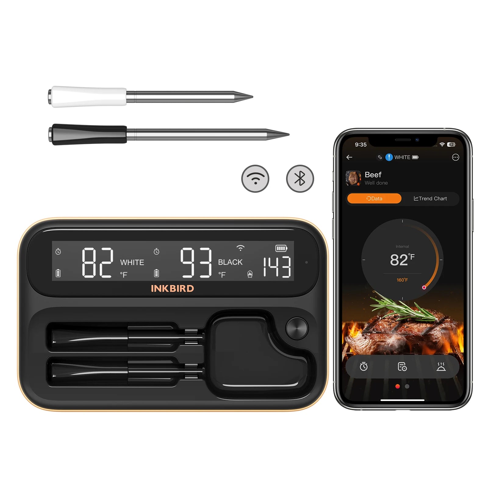 INKBIRD INT-12-BW IP67 Waterproof Wireless BBQ Thermometer for Everyday Cooking Grilling Barbecuing Smoking