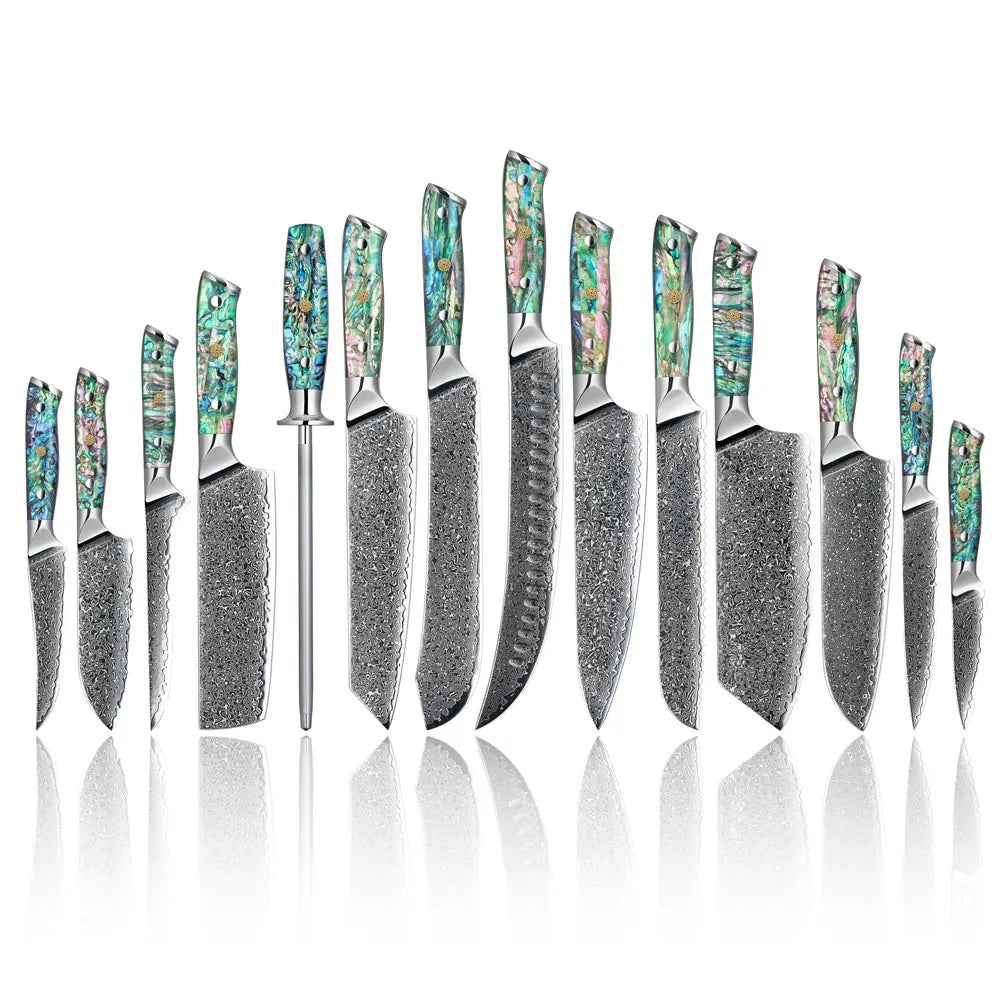 Amber Best Seller 13pcs Abalone Resin Handle Japanese VG10 Damascus Kitchen Chef Knife Set with Rod Sharpener