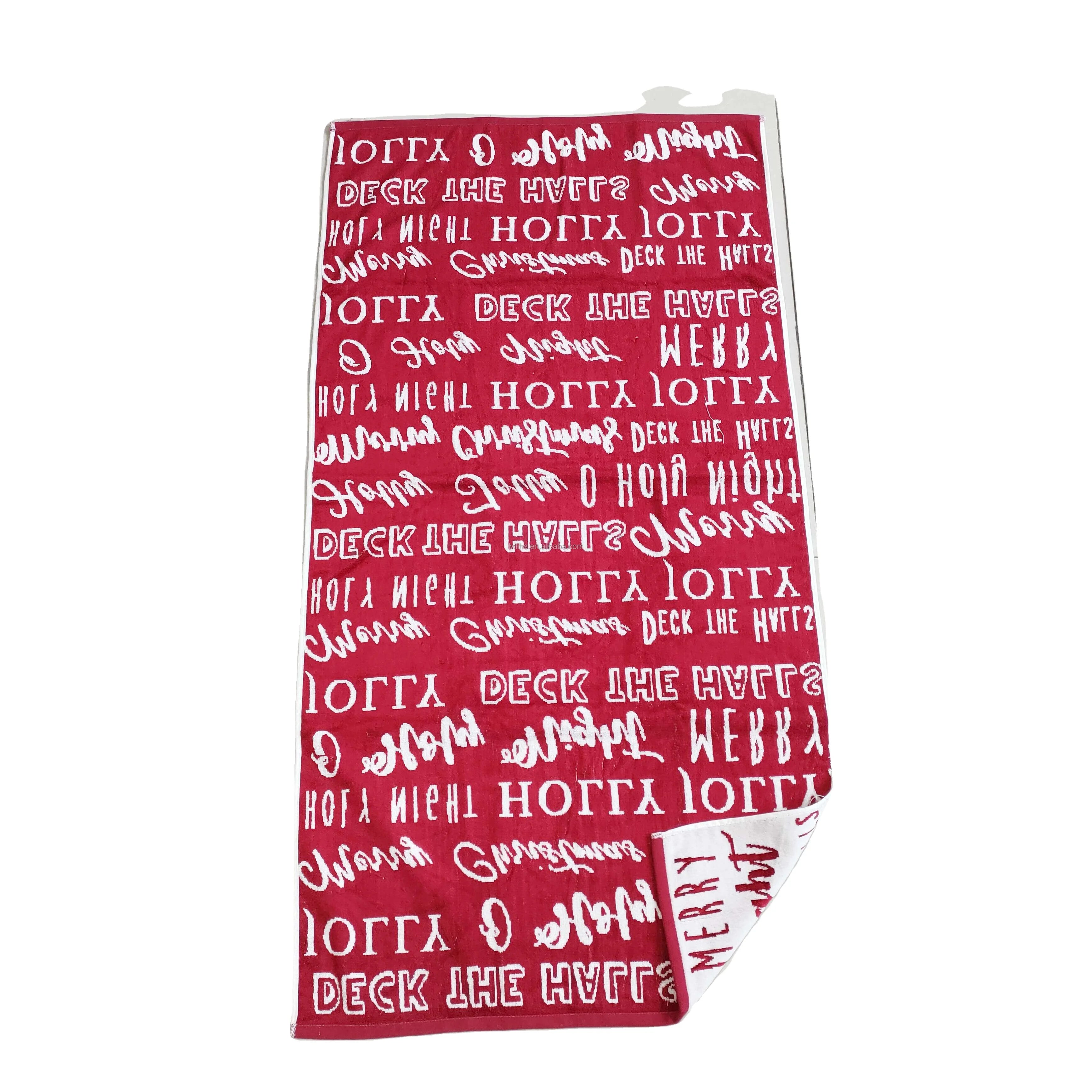 Red  Beach Towels 100% Thin Organic Cotton Terry Checkered Word Printed Woven Jacquard Beach Towels with logo Print
