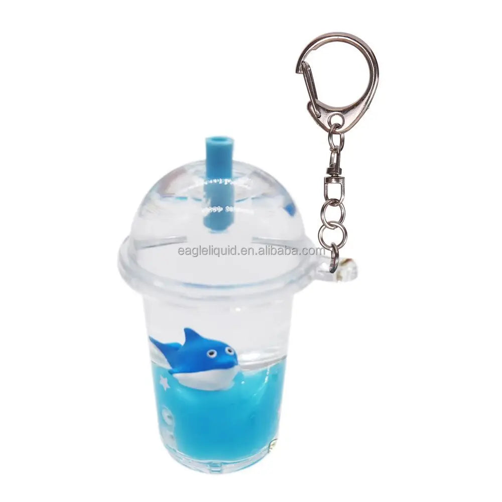 Mini Boba Tea Cup Keychain Acrylic Oil Liquid Ocean Animal Doll Floating Cute Dolphin Charm Decor Keychain