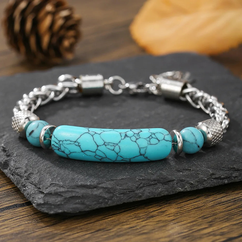 Retro Stainless Steel Chain Link Bracelet for Men Turquoise and Titanium Beads Non-Fading Vintage Fashion Bangles