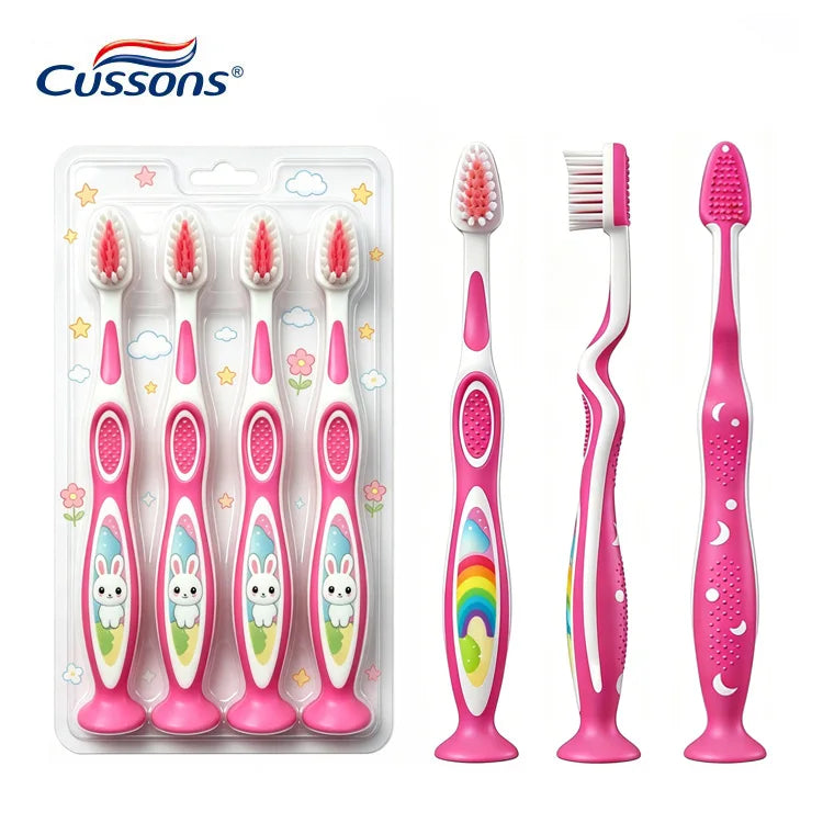 High Quality Customized Cartoon Design Kid Toothbrush with Suction Cup & Tongue Cleaner Soft Toothbrush Oem Tooth Brush Set