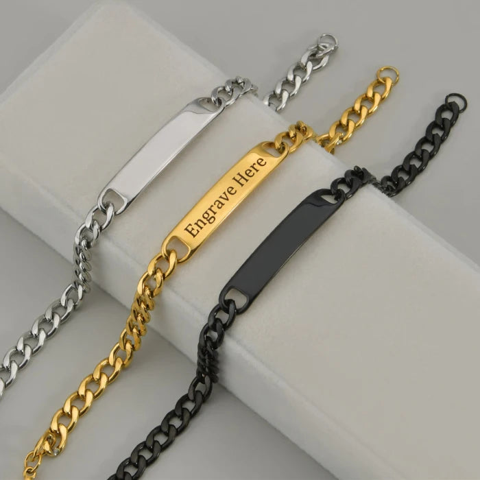 Stainless Steel Curb Link Chain Hand Polished Connector Rectangular Blank Tag Text DIY Laser Jewelry Men's Gold Bar Bracelet