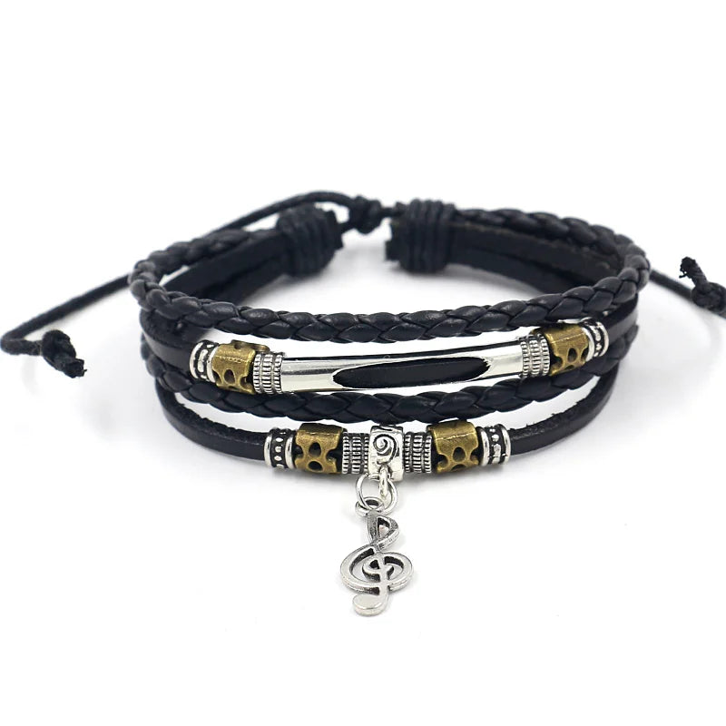 Vintage Jewelry Adjustable Size Alloy Note Pendant Multilayer Leather Weave Beaded Bracelet