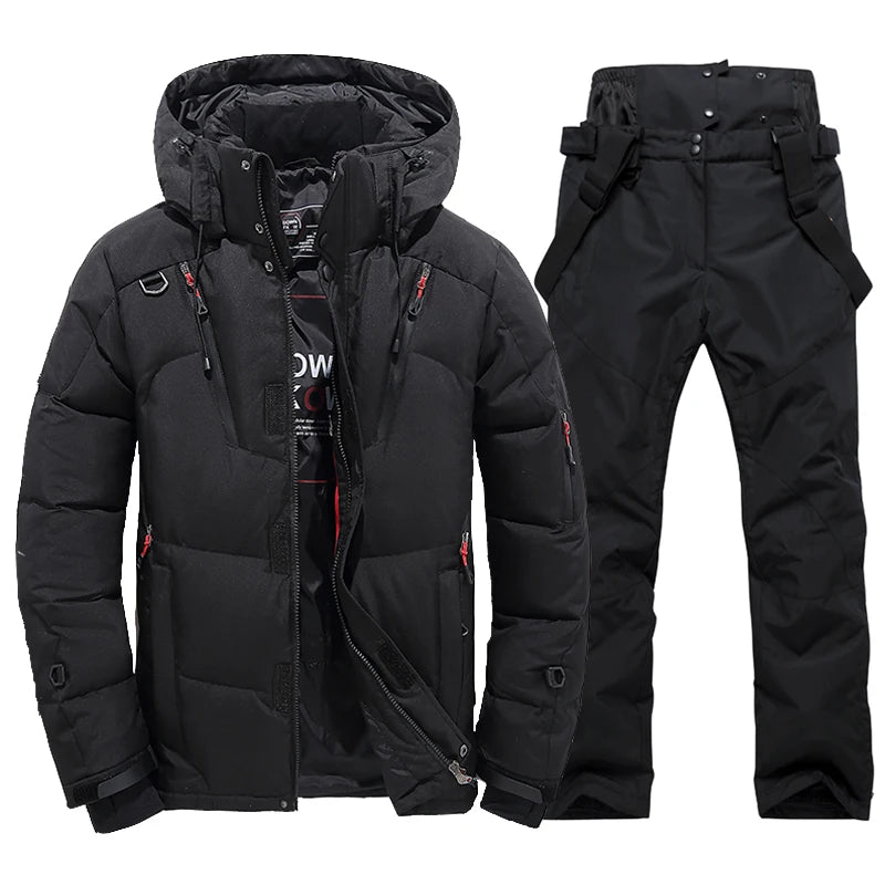 Men's Winter Thermal Ski Suit Waterproof Down Cotton Jacket and Bib Pants Set Windproof Snowboard Costume Overalls