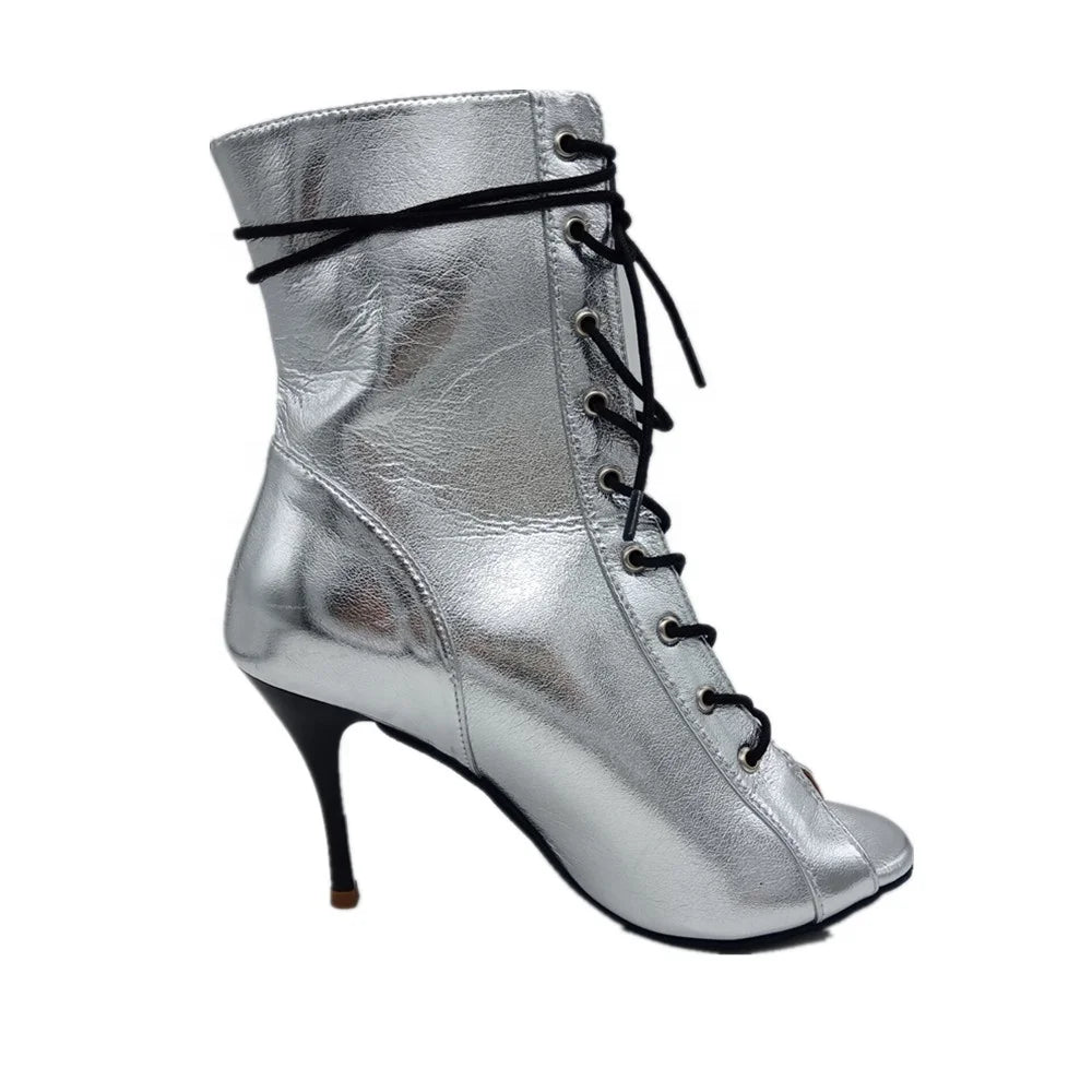 EVEK231218 Silver Leather Shinny Dance Boots Comfortable Women's Salsa Jazz Ballroom Chacha Dancer Shoes with Lovely Design
