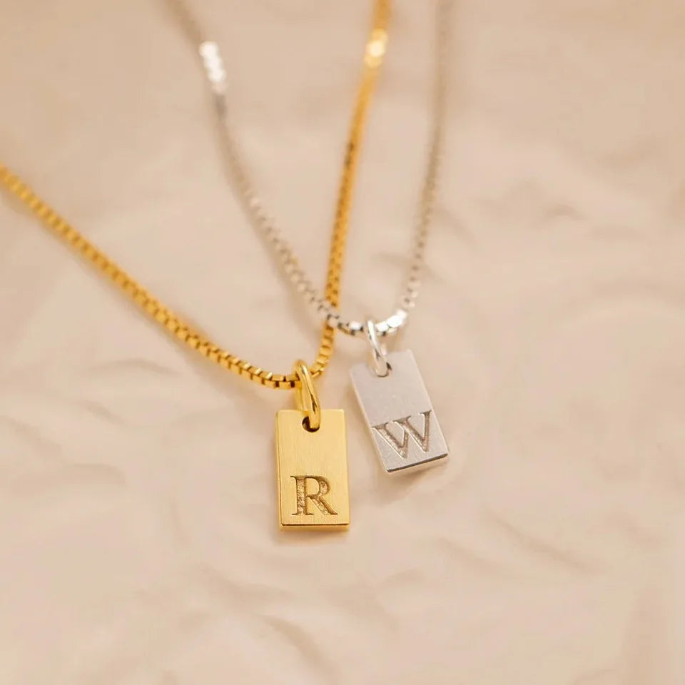 Women's Personalized DIY 18K Gold Plated Stainless Steel Necklace 18Inch with Arabic Alphabet 26 Letter Square Pendant