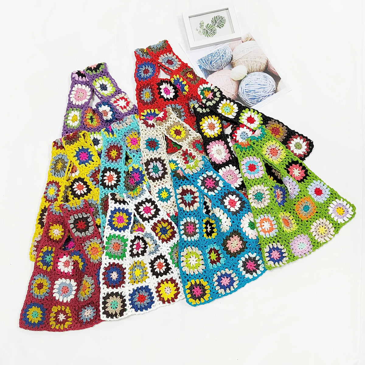 Colorful Woman Granny Square Flower Knitting Yarn Crochet Bag Women's Purses Handbags for All Summer Autumn Winter