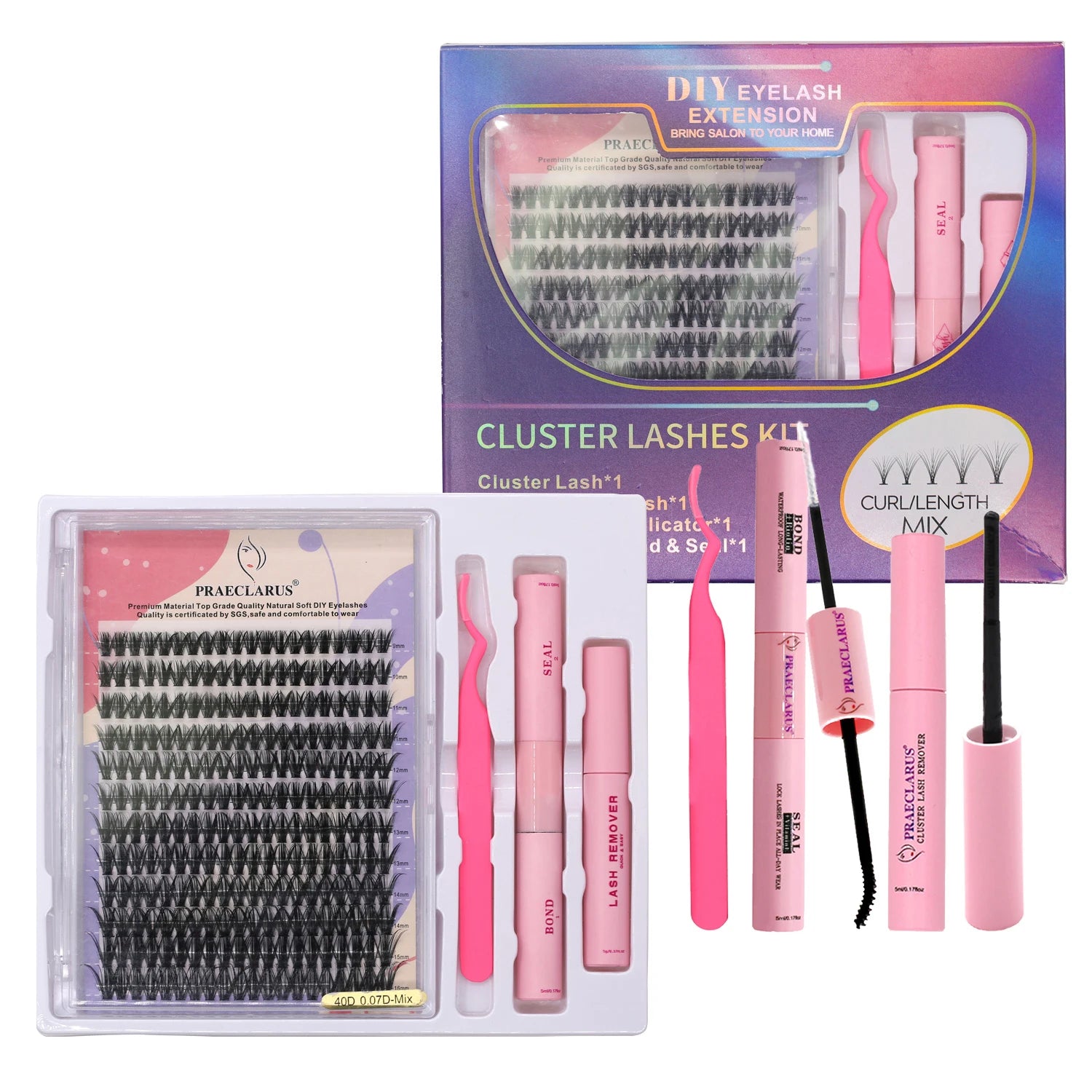 DIY Lash Extension Kit Lash Cluster Kit Cluster Lashes Long Lasting Reusable with Bond & Seal Remover and Tweezer