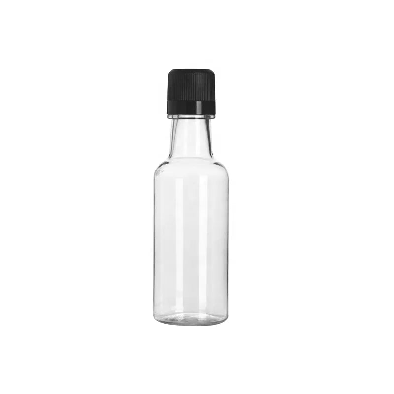 Empty PET Plastic Mini Liquor Bottles 50ml Black Custom Color Screen Printing for Champagne Soda Vodka Shots