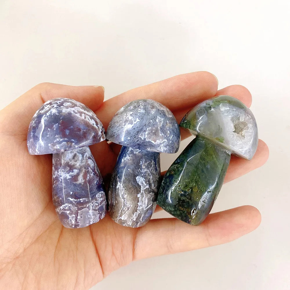Wholesale Nature Mushroom Shape Crystal Carved Moss Agate Mushroom for Decoration