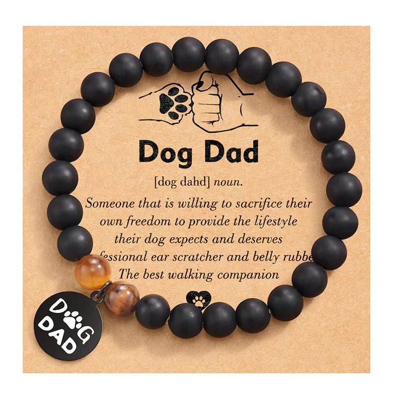 Father's Day Engraved Disc Pendant Bracelets Men Elastic Handmade Beaded Black Stone Bracelet