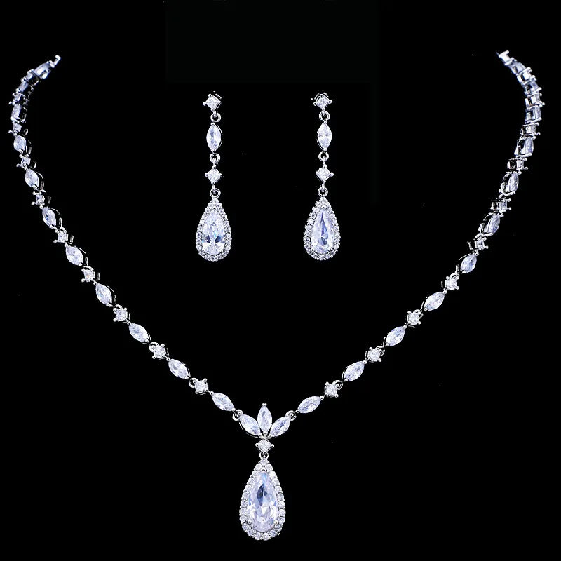 SLBRIDAL Luxury Sparkling Prong Setting Bridal Cubic Zircon Necklace Earring Set Wedding CZ Jewelry Set Women Party Jewelry