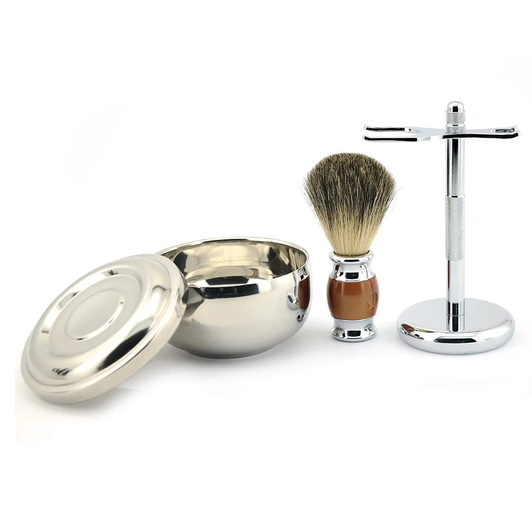 Gift 3pcs Shaving Brush Set Hotel Barber Using Stainless Steel Foaming Kit