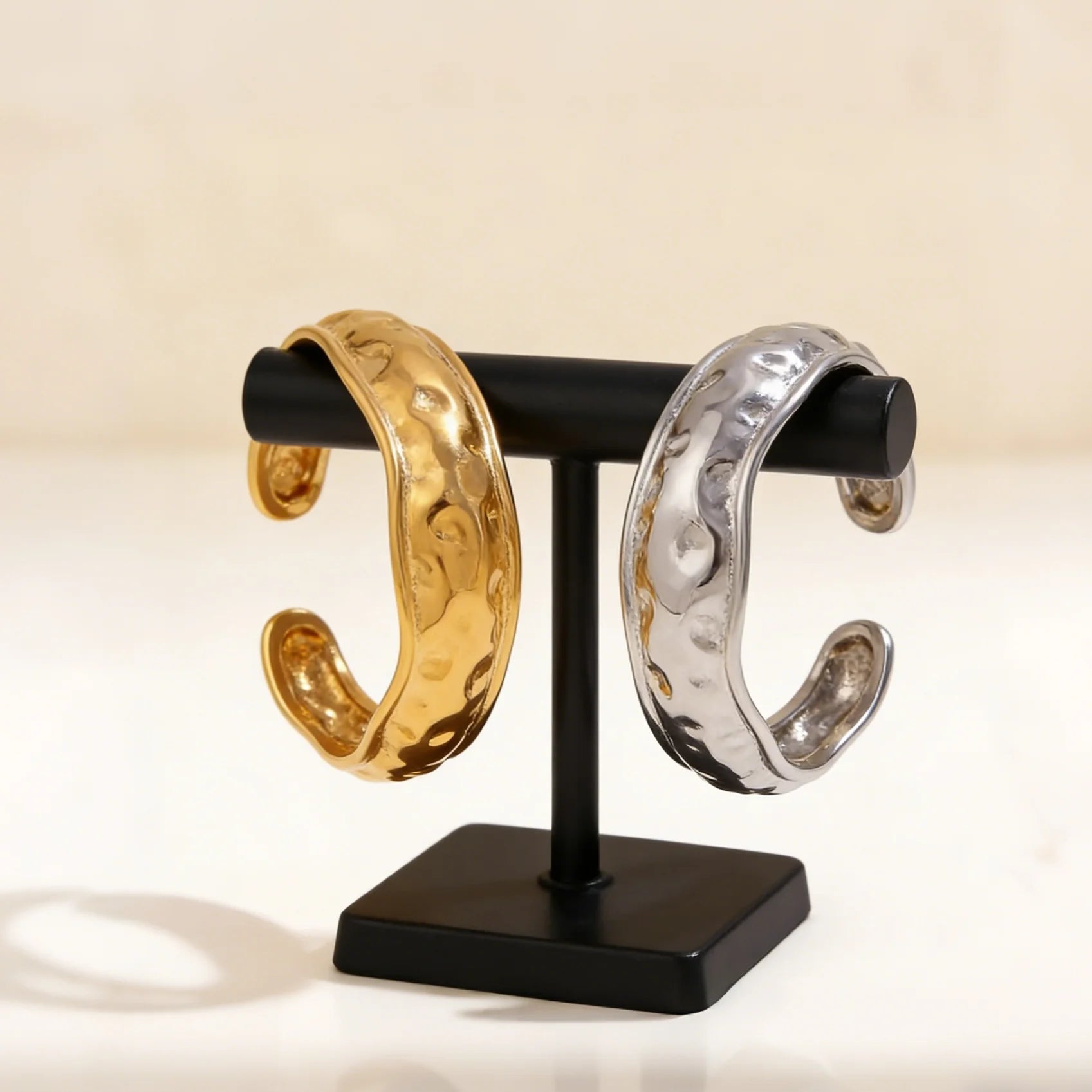 Open Irregular Delicate Twisted Hammered Wide Chunky Thick Stainless Steel Cuff Bangles Bracelet for Women