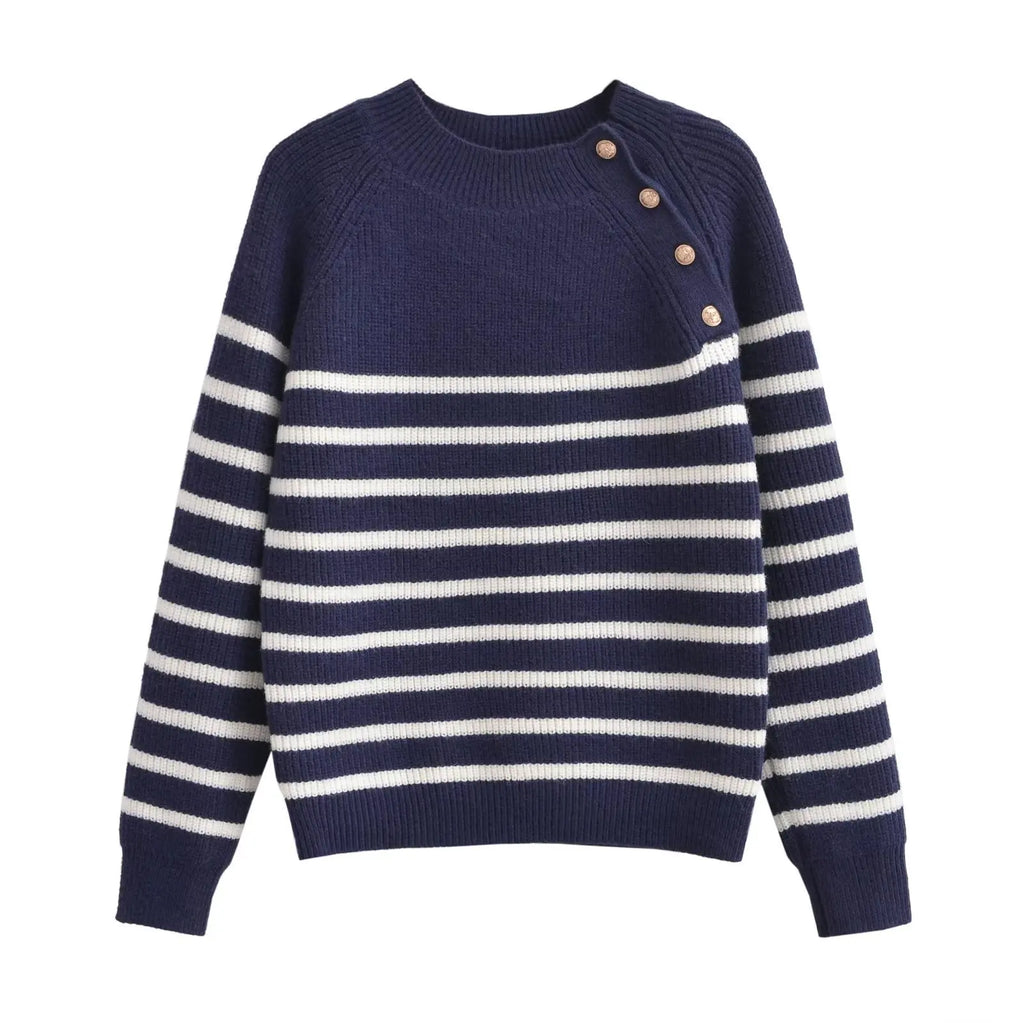 Autumn European American Korean Women's Neck Blended Striped Button Basic Long Sleeve Sweater Knitwear