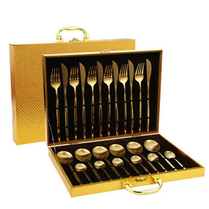 Christmas Spoon Camping Cutlery Set Gold Silverware Restaurant Stainless Steel Cutlery 24pcs Set With Case