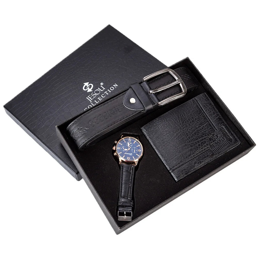 New Exquisite Pu Leather Birthday Fashion Mens Gift Sets Watch Belts Chains Wallet 3PCS/set Gift Watch Sets for Business Men