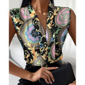 RNSHANGER Summer Blouses Women's Sleeveless Tops Baroque Print V-Neck Casual Top Female Fashion Shirt for Ladies