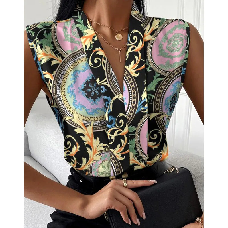 RNSHANGER Summer Blouses Women's Sleeveless Tops Baroque Print V-Neck Casual Top Female Fashion Shirt for Ladies