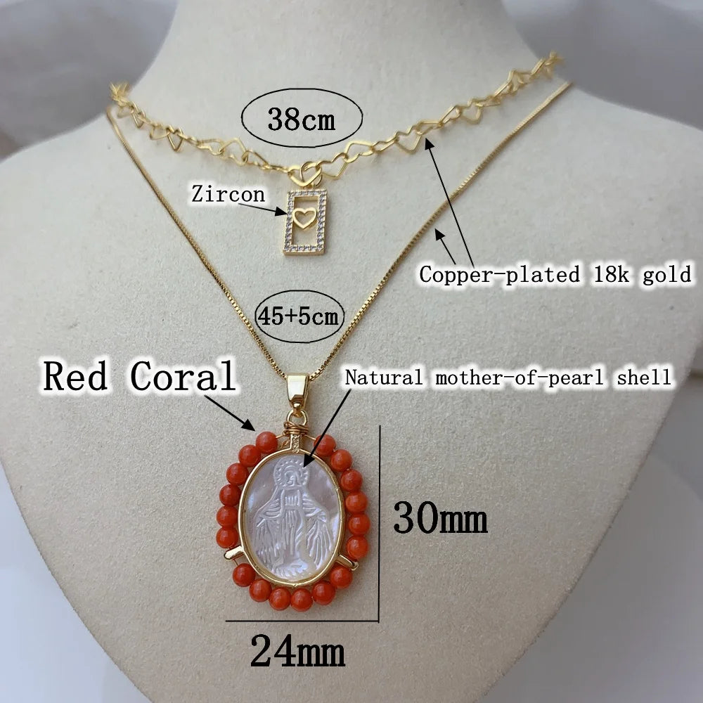 Religious Virgin Mary Choker Necklace Box Chain Red Agate Natural MOP Pearl Shell Pendant Alloy Anniversary for Women Jewelry