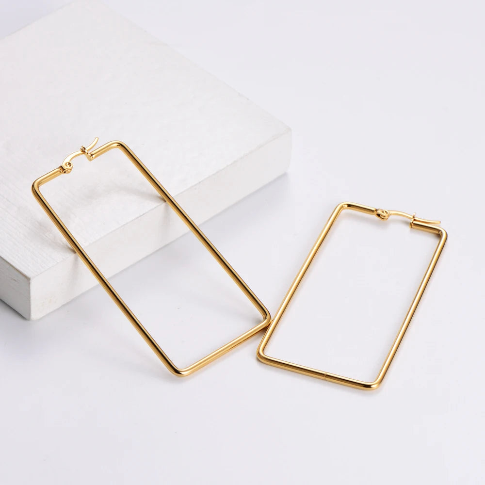 Chic Minimalist Stainless Steel 18k Gold Large Geometric Rectangle Hoop Earrings