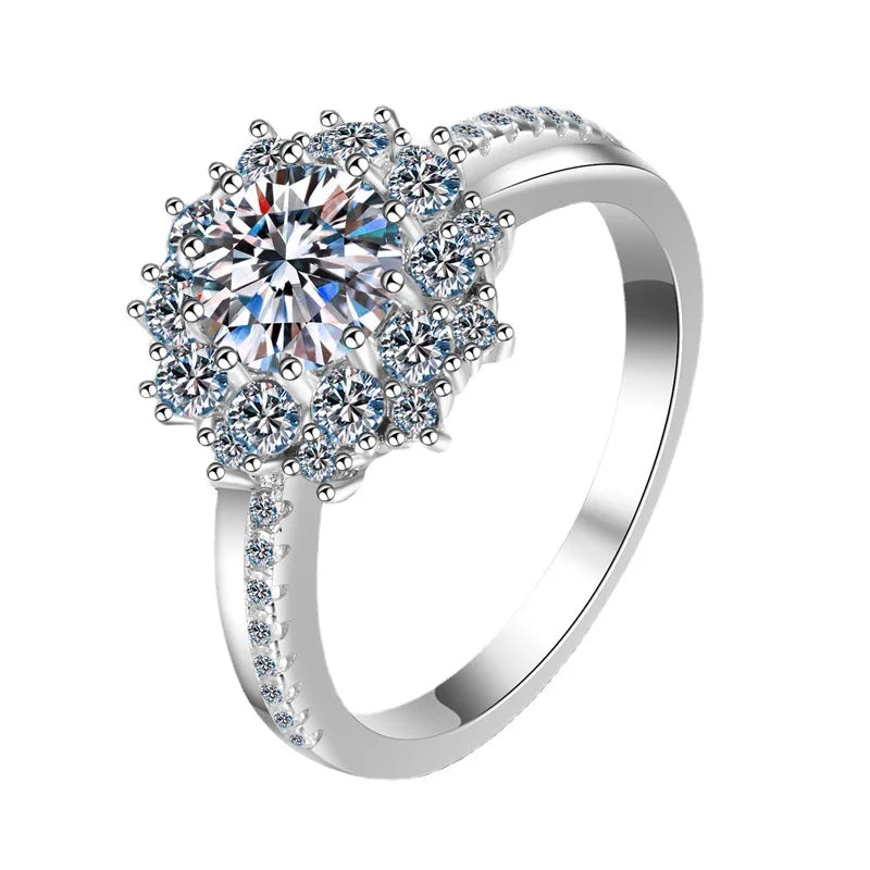 Wish Jewelry Moissanite Diamond Sun Flower Engagement Rings Women Fashion 925 Sterling Silver Round Moissanite Wedding Ring