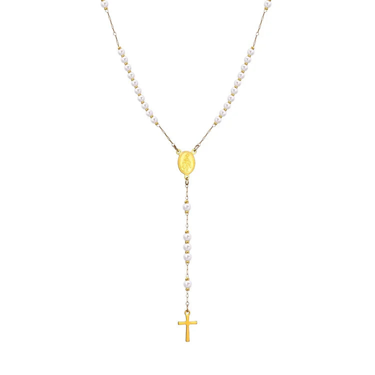 Dainty Women Necklace Stainless Steel Gold Plated Pearl Beaded Chain Virgin Marycharm Cross Pendant Necklaces
