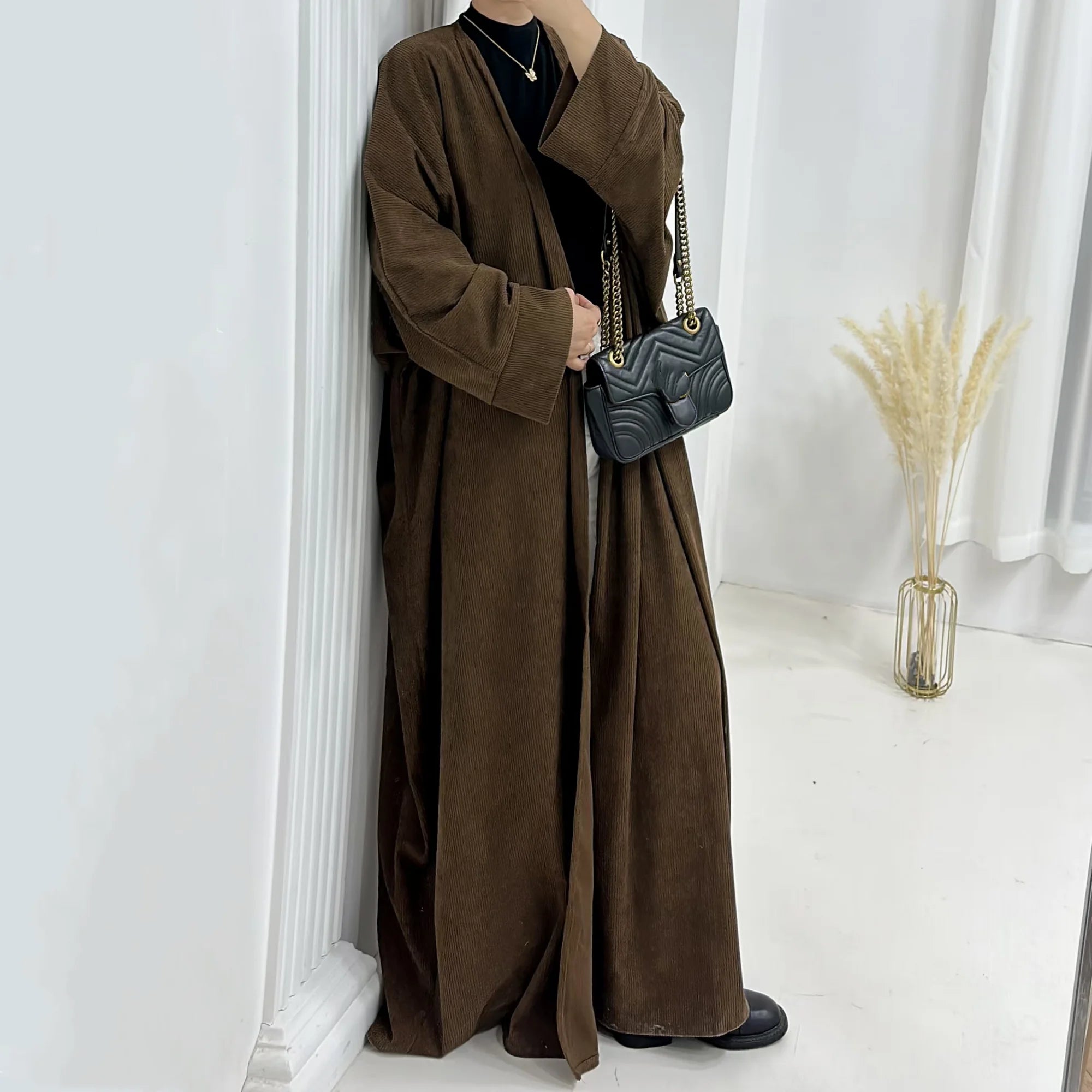 Loriya Abaya Islamic Women's Dresses Winter Abaya Cardigan Kimono Design With Open Collar Corduroy Fabric Front Open EID Abaya