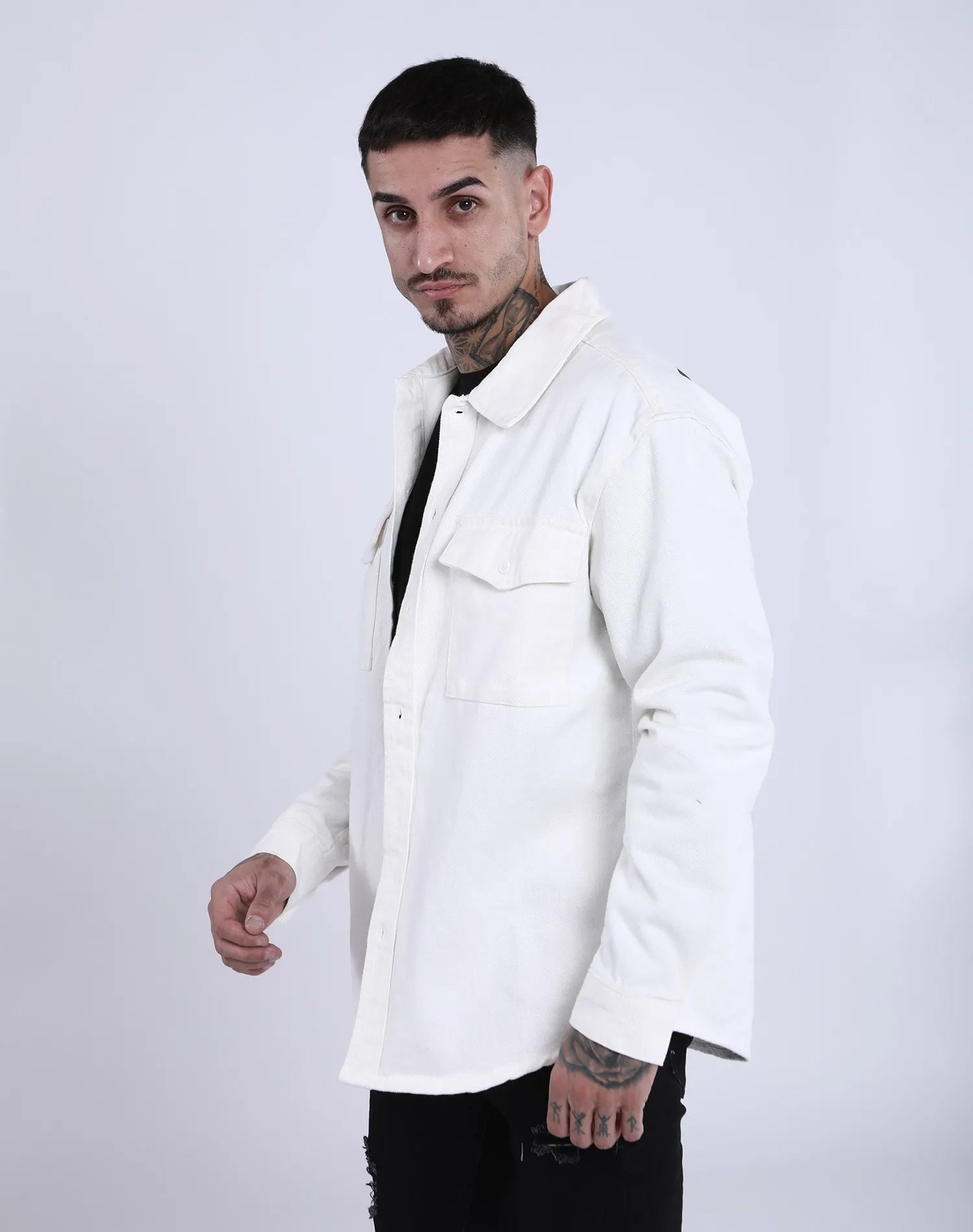 Imperio Shop Men's Eagle Overshirt Premium Denim Shirt White Full Sleeve Button Collar Casual Style All Seasons Durable Size S