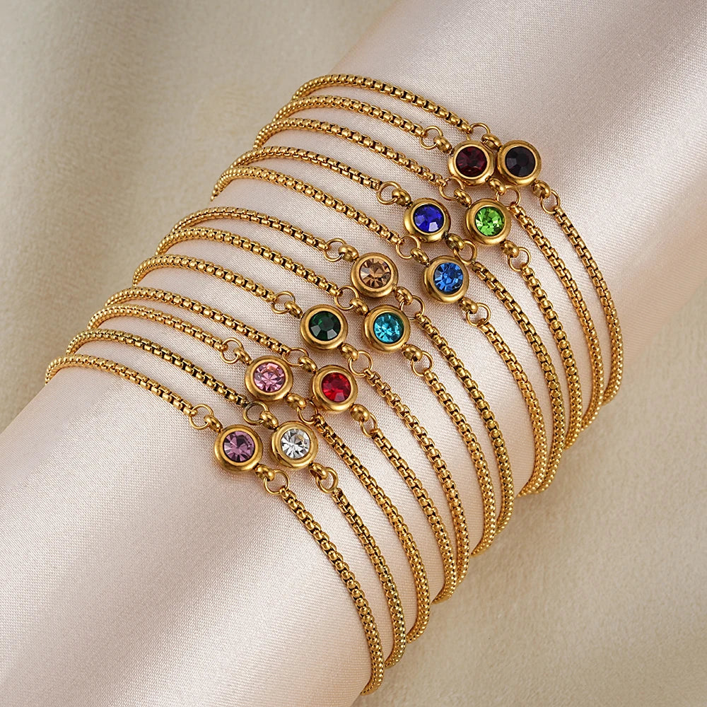 Birthday Month Birth Stone Jewelry Adjustable Stainless Steel Gold Plated Diamond Crystal Birthstone Bracelet