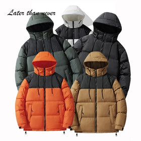 Men's Winter Jacket Hooded Thick Padded Bubble Coat Stand Collar Patchwork Design Street Wear Dyed Winter Puffer Coat