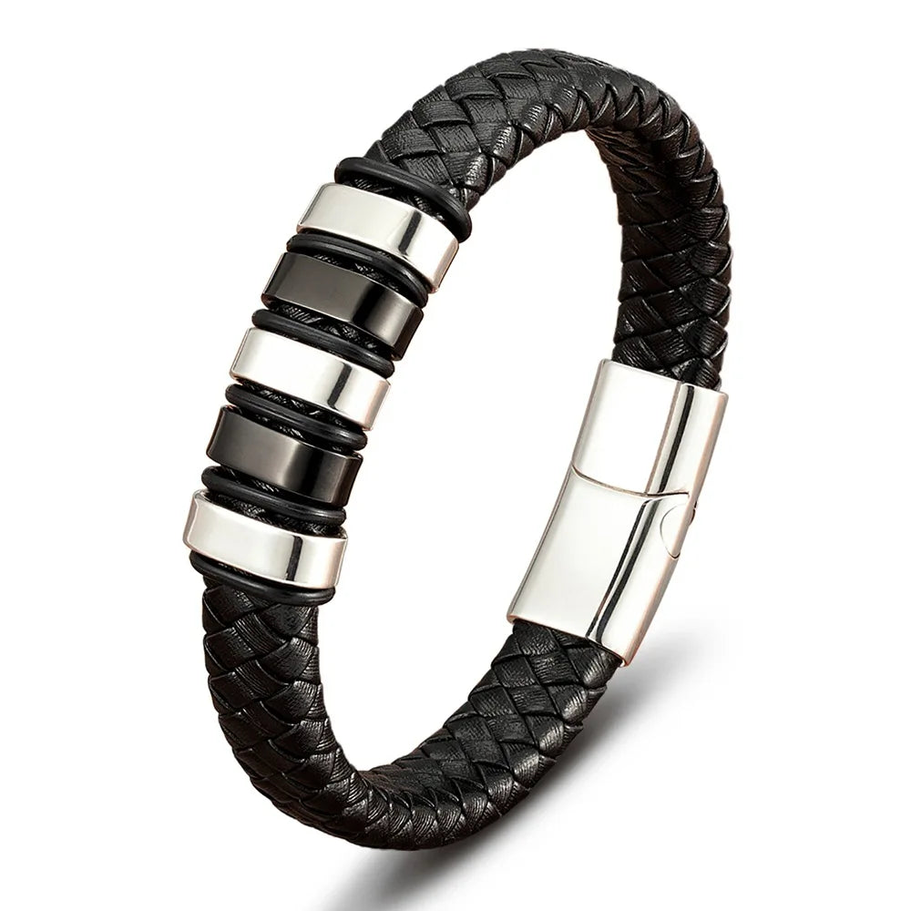 Hot Sale Fashion Customize Handmade Braided Bracelets Stainless Steel Magnetic Clasp Genuine Leather Bracelet for Men Jewelry