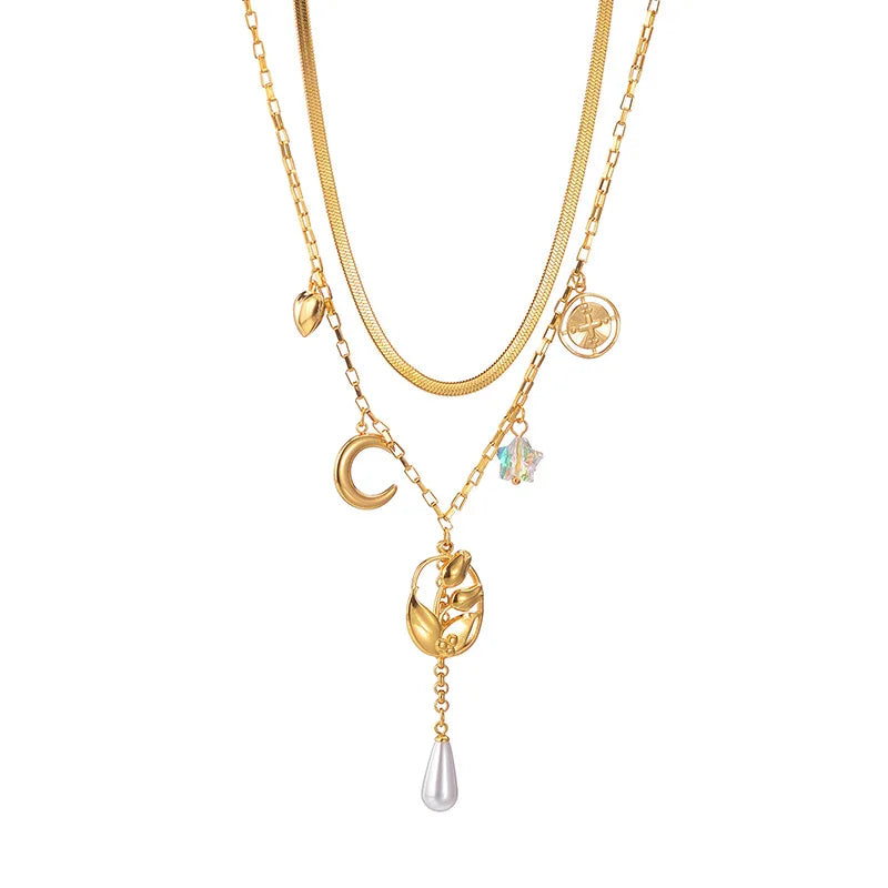 Stainless Steel Personalized Waterproof Jewelry 18k Gold Plated Multi Element Pendant Necklace Non Tarnish YF6103