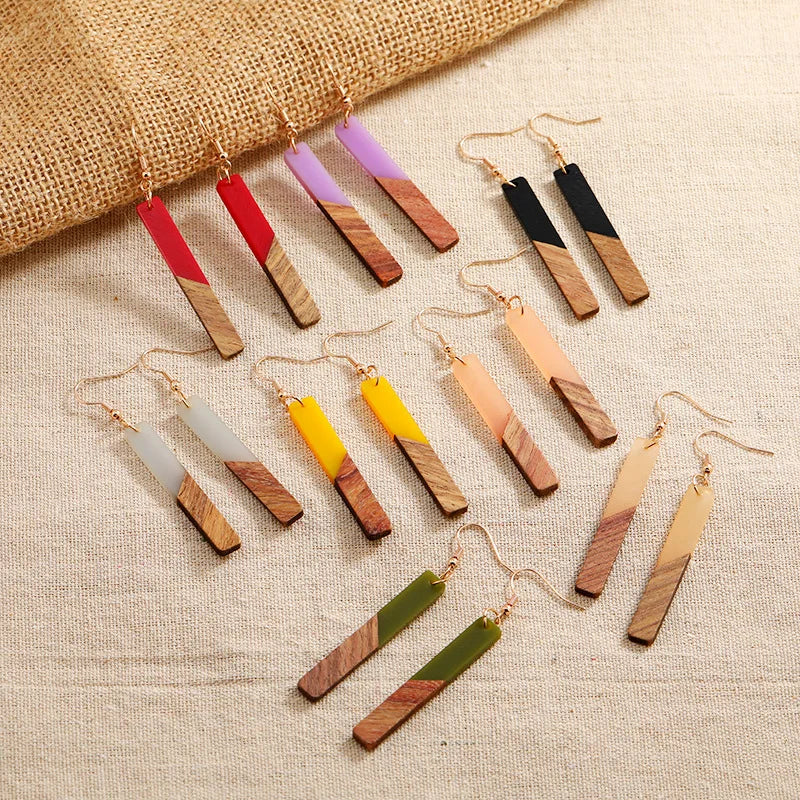 Fashion Piercing Jewelry Geometric Rectangle Resin Spliced Wood Earrings Holiday Accessories Long Dangle Earrings for Women Gift