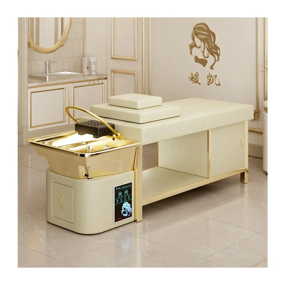 Luxurious Gold Shampoo Bed with a Hot Water Heater and Steam Therapy Head Spa Bed