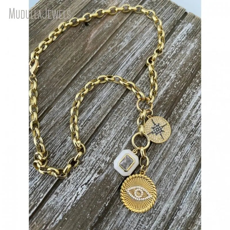 NM42694 Gold Plated Belcher Rolo Chain Necklace With Triple Charm Turkish Eye North Star and Lock Necklace