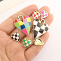 JS1897 Gold Plated Enamel Multi Colored Checkerboard Checker Checked Heart Colors Charm Pendants for Necklace Making Supplies