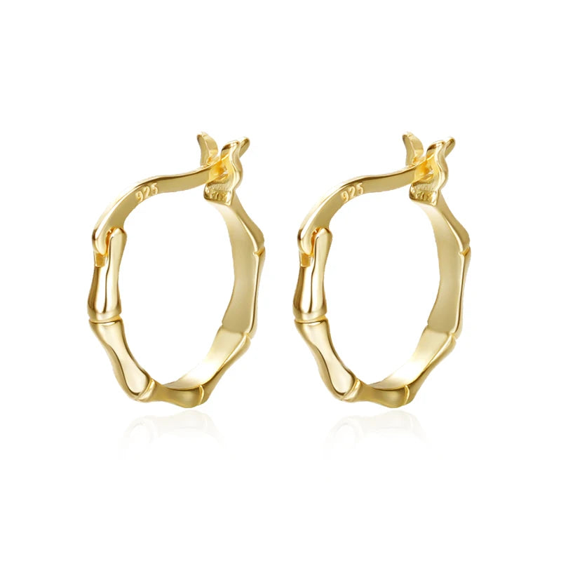 Fashionable Jewelry Women Gold Plated S925 Sterling Silver Bamboo Huggies Hoop Earrings