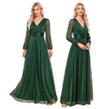 TW00054 Trendy Ladies Bridesmaid Dress V-Neck Shiny Chiffon Dress Long Sleeve Wedding Party Gowns for Women Evening Dresses