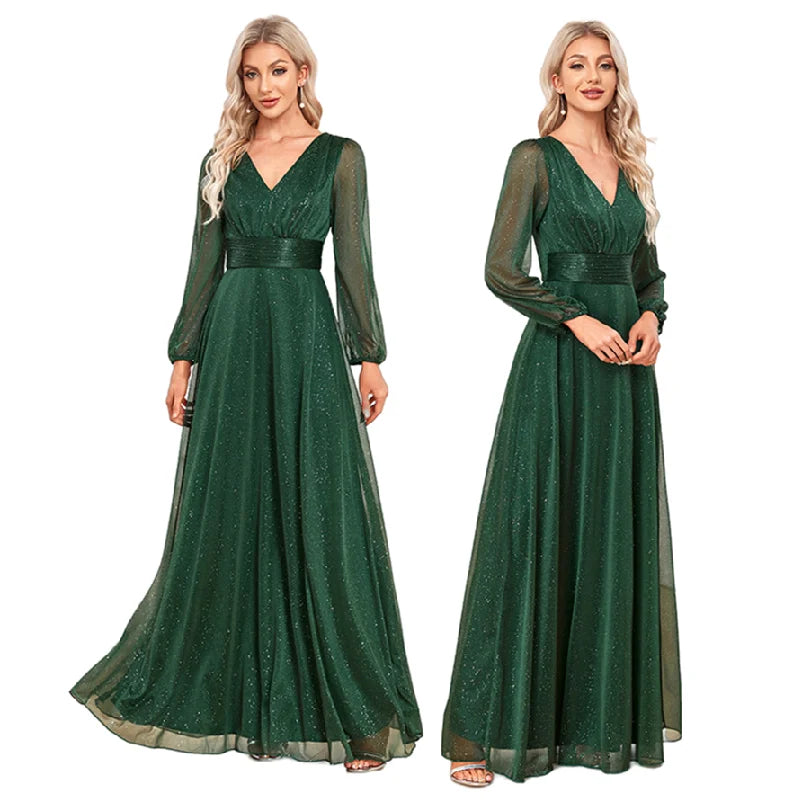 TW00054 Trendy Ladies Bridesmaid Dress V-Neck Shiny Chiffon Dress Long Sleeve Wedding Party Gowns for Women Evening Dresses