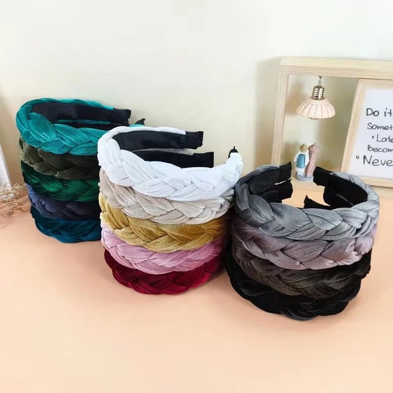 Braid Hair Band Hair Accessories Wide Thick Braided Black Velvet Hairband Headband for Women Girls