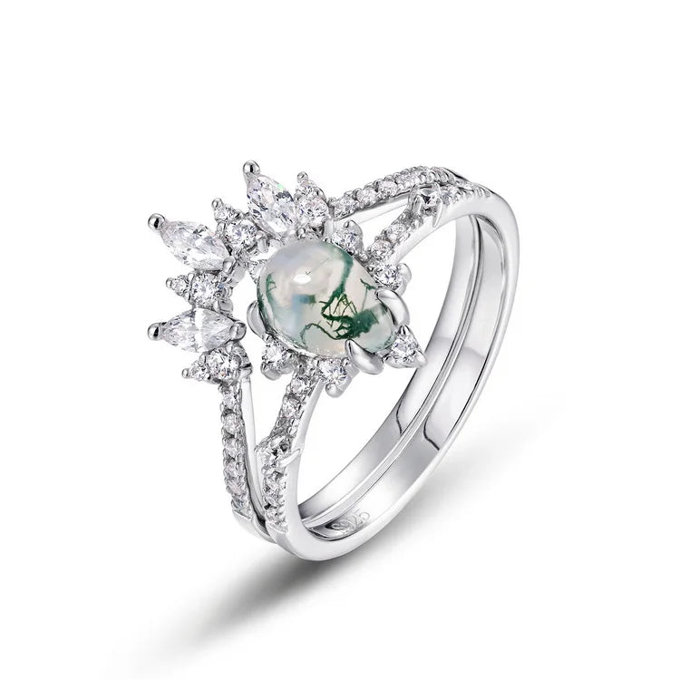 925 Sterling Silver Engagement Rings Set Water Drop Shape Natural Moss Agate Stacking Rings Factory Custom